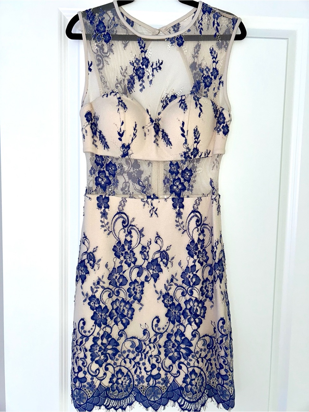 bebe Cream Dress with Bright Blue Floral Lace Overlay *GORGEOUS*